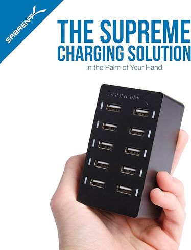 شاحن سابرينت 60 وات (12 أمبير) 10 منافذ USB سريع لسطح المكتب بحجم عائلي. 6 كابلات USB صغيرة [X3-3قدم. وX3-1قدم] أسود (AX-TU63) in Kuwait