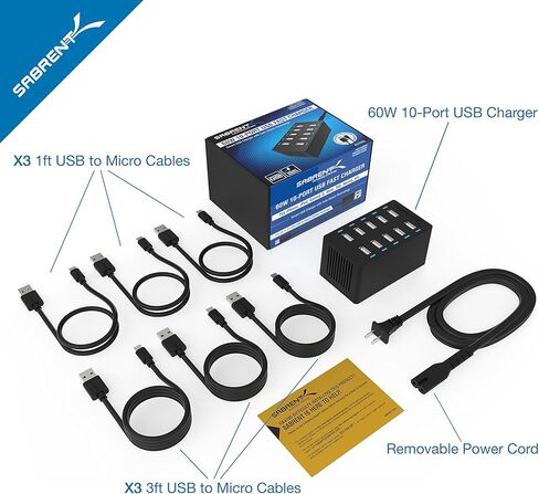 شاحن سابرينت 60 وات (12 أمبير) 10 منافذ USB سريع لسطح المكتب بحجم عائلي. 6 كابلات USB صغيرة [X3-3قدم. وX3-1قدم] أسود (AX-TU63) in Kuwait