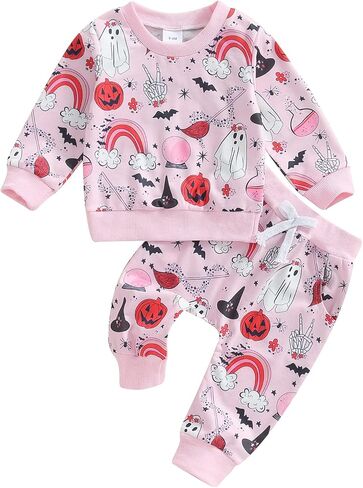 FIOMVA Baby Girl Halloween Outfit Toddler Sweatshirt Pants 2pcs Set Cute Pumpkin Spooky Print Infant Fall Winter Clothes in Saudi Arabia