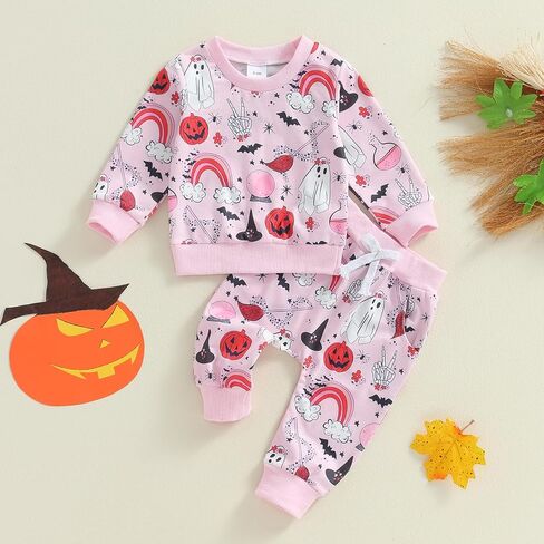 FIOMVA Baby Girl Halloween Outfit Toddler Sweatshirt Pants 2pcs Set Cute Pumpkin Spooky Print Infant Fall Winter Clothes in Saudi Arabia