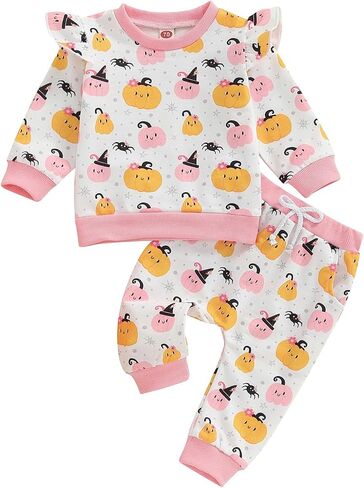 FIOMVA Baby Girl Halloween Outfit Toddler Sweatshirt Pants 2pcs Set Cute Pumpkin Spooky Print Infant Fall Winter Clothes in Saudi Arabia