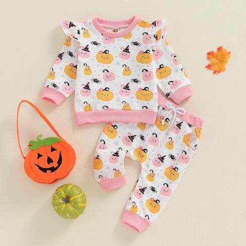 FIOMVA Baby Girl Halloween Outfit Toddler Sweatshirt Pants 2pcs Set Cute Pumpkin Spooky Print Infant Fall Winter Clothes in Saudi Arabia