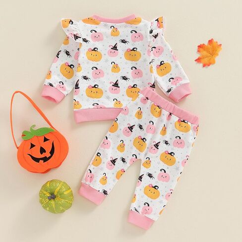 FIOMVA Baby Girl Halloween Outfit Toddler Sweatshirt Pants 2pcs Set Cute Pumpkin Spooky Print Infant Fall Winter Clothes in Saudi Arabia