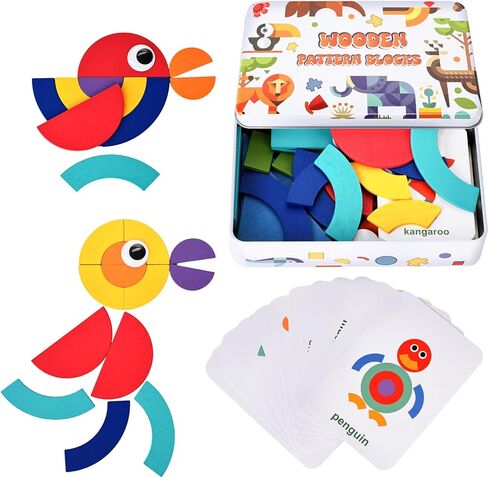 MCPINKY 38 Blocks&50 Cards Wooden Pattern Blocks, Open Ended Wooden Shape Puzzles Tangram Shape Puzzle Montessori Preschool Education Toy for Toddler Kids in Saudi Arabia