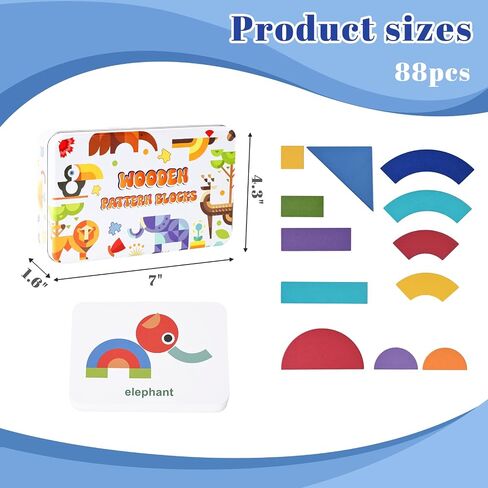 MCPINKY 38 Blocks&50 Cards Wooden Pattern Blocks, Open Ended Wooden Shape Puzzles Tangram Shape Puzzle Montessori Preschool Education Toy for Toddler Kids in Saudi Arabia