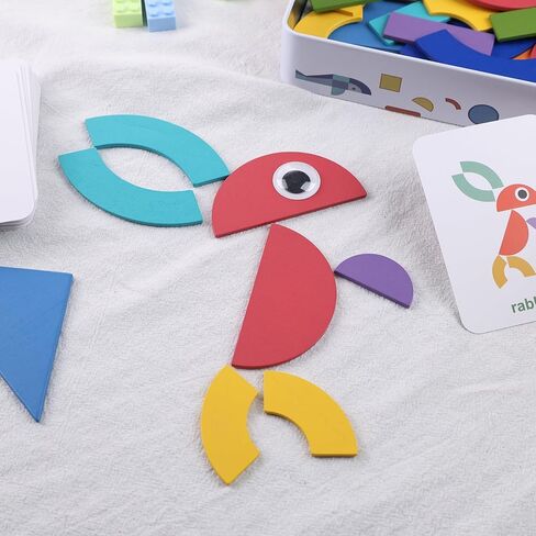 MCPINKY 38 Blocks&50 Cards Wooden Pattern Blocks, Open Ended Wooden Shape Puzzles Tangram Shape Puzzle Montessori Preschool Education Toy for Toddler Kids in Saudi Arabia