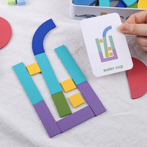 MCPINKY 38 Blocks&50 Cards Wooden Pattern Blocks, Open Ended Wooden Shape Puzzles Tangram Shape Puzzle Montessori Preschool Education Toy for Toddler Kids in Saudi Arabia