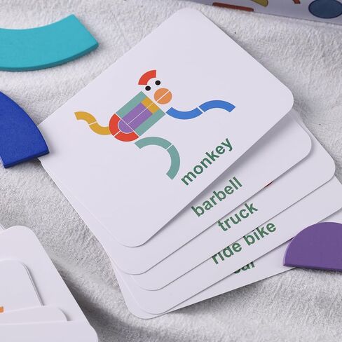 MCPINKY 38 Blocks&50 Cards Wooden Pattern Blocks, Open Ended Wooden Shape Puzzles Tangram Shape Puzzle Montessori Preschool Education Toy for Toddler Kids in Saudi Arabia