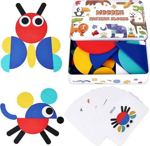 MCPINKY 38 Blocks&50 Cards Wooden Pattern Blocks, Open Ended Wooden Shape Puzzles Tangram Shape Puzzle Montessori Preschool Education Toy for Toddler Kids in Saudi Arabia