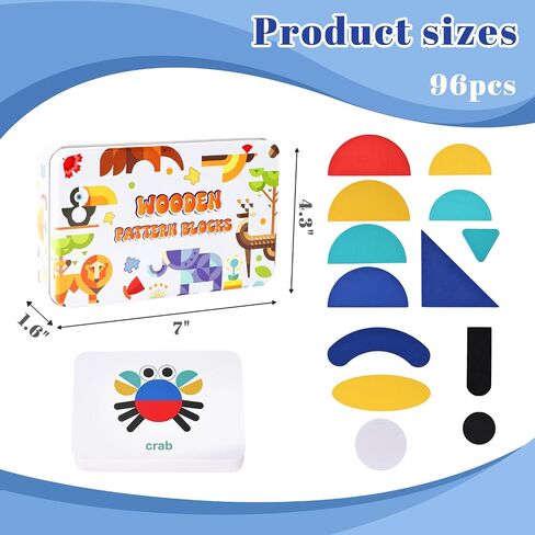 MCPINKY 38 Blocks&50 Cards Wooden Pattern Blocks, Open Ended Wooden Shape Puzzles Tangram Shape Puzzle Montessori Preschool Education Toy for Toddler Kids in Saudi Arabia