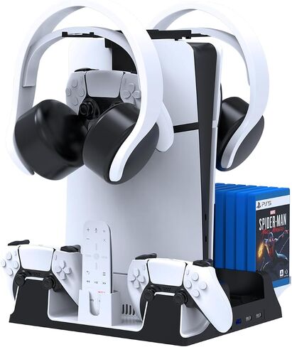 قاعدة شحن لوحدة تحكم PS5، حامل رفيع PS5/PS5 مع محطة تبريد لأقراص وحدة التحكم PS5/الإصدار الرقمي، ملحقات PS5 / PS5 رفيعة مع مروحة تبريد ومنظم تخزين in Kuwait