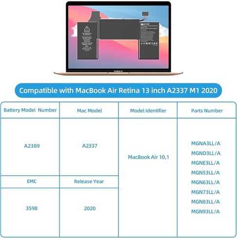 بطارية بديلة A2337 MGN63LL/A نوع A2389 لجهاز MacBook Air Retina 13 بوصة 2020 M1 EMC 3598 (4380mAh 49.9Wh 11.39V) in Saudi Arabia