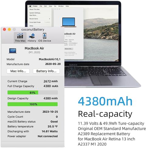 بطارية بديلة A2337 MGN63LL/A نوع A2389 لجهاز MacBook Air Retina 13 بوصة 2020 M1 EMC 3598 (4380mAh 49.9Wh 11.39V) in Saudi Arabia