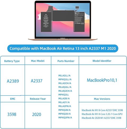 بطارية بديلة A2337 MGN63LL/A نوع A2389 لجهاز MacBook Air Retina 13 بوصة 2020 M1 EMC 3598 (4380mAh 49.9Wh 11.39V) in Saudi Arabia