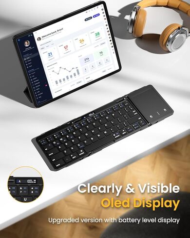 لوحة مفاتيح بلوتوث قابلة للطي، لوحة مفاتيح محمولة كاملة الحجم قابلة للطي مع لوحة لمس، شاشة عرض البطارية ومفصلة قفل، لوحة مفاتيح لاسلكية للسفر لنظام التشغيل Windows iOS Android والكمبيوتر اللوحي والهواتف الذكية والكمبيوتر المحمول in Kuwait