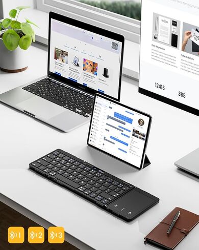 لوحة مفاتيح بلوتوث قابلة للطي، لوحة مفاتيح محمولة كاملة الحجم قابلة للطي مع لوحة لمس، شاشة عرض البطارية ومفصلة قفل، لوحة مفاتيح لاسلكية للسفر لنظام التشغيل Windows iOS Android والكمبيوتر اللوحي والهواتف الذكية والكمبيوتر المحمول in Kuwait