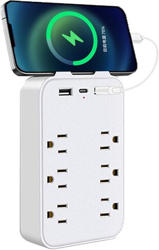 موسع منافذ توصيل متعددة - منفذ حماية من زيادة التيار على الحائط مع 6 منافذ تيار متردد، 2 منافذ USB A و1 USB C، محول تثبيت على الحائط مع حامل هاتف علوي للمنزل والمدرسة والمكتب in Kuwait