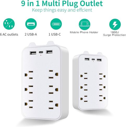 موسع منافذ توصيل متعددة - منفذ حماية من زيادة التيار على الحائط مع 6 منافذ تيار متردد، 2 منافذ USB A و1 USB C، محول تثبيت على الحائط مع حامل هاتف علوي للمنزل والمدرسة والمكتب in Kuwait