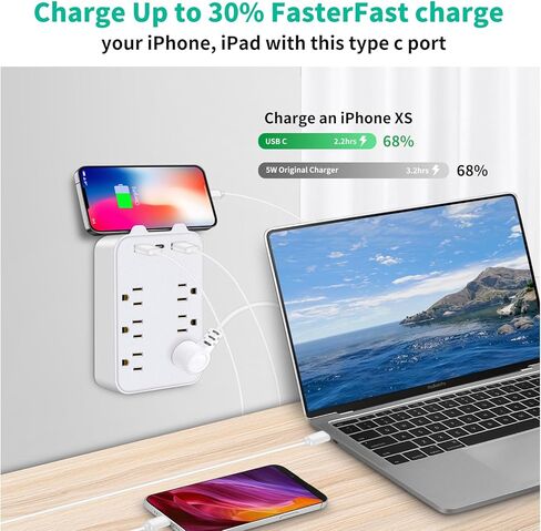 موسع منافذ توصيل متعددة - منفذ حماية من زيادة التيار على الحائط مع 6 منافذ تيار متردد، 2 منافذ USB A و1 USB C، محول تثبيت على الحائط مع حامل هاتف علوي للمنزل والمدرسة والمكتب in Kuwait