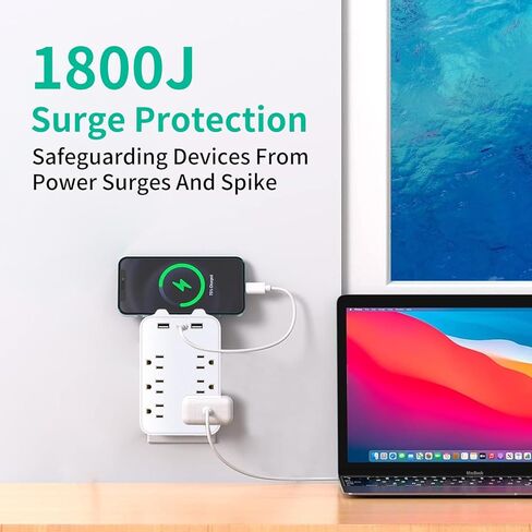 موسع منافذ توصيل متعددة - منفذ حماية من زيادة التيار على الحائط مع 6 منافذ تيار متردد، 2 منافذ USB A و1 USB C، محول تثبيت على الحائط مع حامل هاتف علوي للمنزل والمدرسة والمكتب in Kuwait