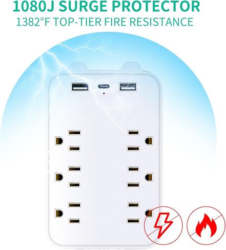 موسع منافذ توصيل متعددة - منفذ حماية من زيادة التيار على الحائط مع 6 منافذ تيار متردد، 2 منافذ USB A و1 USB C، محول تثبيت على الحائط مع حامل هاتف علوي للمنزل والمدرسة والمكتب in Kuwait