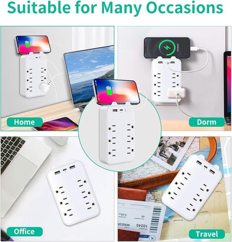 موسع منافذ توصيل متعددة - منفذ حماية من زيادة التيار على الحائط مع 6 منافذ تيار متردد، 2 منافذ USB A و1 USB C، محول تثبيت على الحائط مع حامل هاتف علوي للمنزل والمدرسة والمكتب in Kuwait