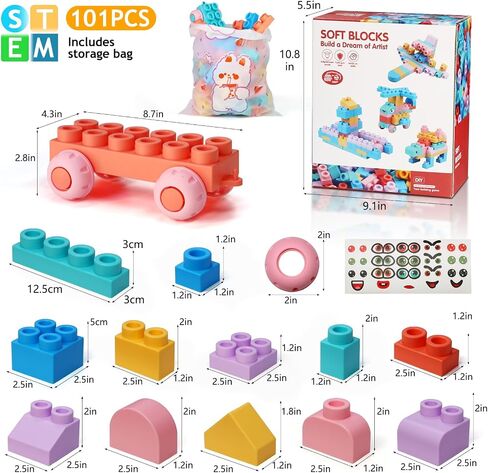 Soft Block Sets for Toddler Aged 2 3 4 5 6 Years Old.Preschool Toy for Early Childhood Education and I-Interactive.Toddler Block Toys with 101 Pieces and Storage Bag.Gift Ideas for Kids Age 18+ mouths in Kuwait