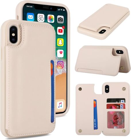 iCoverCase Compatible with iPhone Xs Max Case with Card Holder, Wallet Phone Case for Women Men RFID Blocking PU Leather Case (Beige) in Saudi Arabia