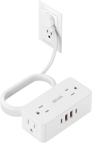 BEVA Surge Protector Power Strip, 5 Ft Flat Plug Extension Cord with 4 Widely Outlets and 4 USB Ports(2 USB-C), Multiple Plugs in One Outlet for Home Office Travel Essentials, White in Saudi Arabia