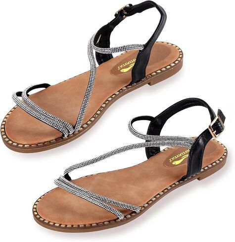 Women's Sparkle Rhinestone Flat Sandals with Back Elastic Ankle Strap, Comfortable Memory Foam Slip On Open Toe Shoes for Dressy or Everyday Summer Wear, Glitter Bling and for Work, Beach, Strappy Wedding Sandals in Saudi Arabia