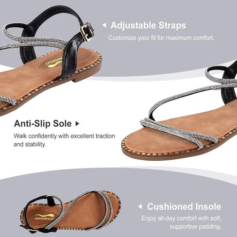 Women's Sparkle Rhinestone Flat Sandals with Back Elastic Ankle Strap, Comfortable Memory Foam Slip On Open Toe Shoes for Dressy or Everyday Summer Wear, Glitter Bling and for Work, Beach, Strappy Wedding Sandals in Saudi Arabia