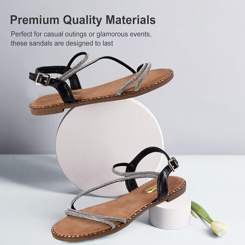 Women's Sparkle Rhinestone Flat Sandals with Back Elastic Ankle Strap, Comfortable Memory Foam Slip On Open Toe Shoes for Dressy or Everyday Summer Wear, Glitter Bling and for Work, Beach, Strappy Wedding Sandals in Saudi Arabia