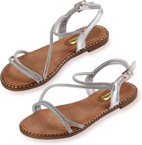 Women's Sparkle Rhinestone Flat Sandals with Back Elastic Ankle Strap, Comfortable Memory Foam Slip On Open Toe Shoes for Dressy or Everyday Summer Wear, Glitter Bling and for Work, Beach, Strappy Wedding Sandals in Saudi Arabia