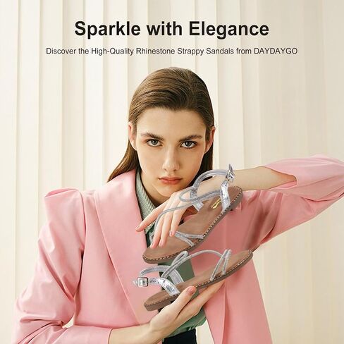 Women's Sparkle Rhinestone Flat Sandals with Back Elastic Ankle Strap, Comfortable Memory Foam Slip On Open Toe Shoes for Dressy or Everyday Summer Wear, Glitter Bling and for Work, Beach, Strappy Wedding Sandals in Saudi Arabia