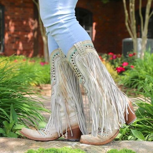 LISHAN Women's Western Cowboy Cowgirl Boots Fringe Tassel Block Heels Embroidered Knee High Boots in Saudi Arabia