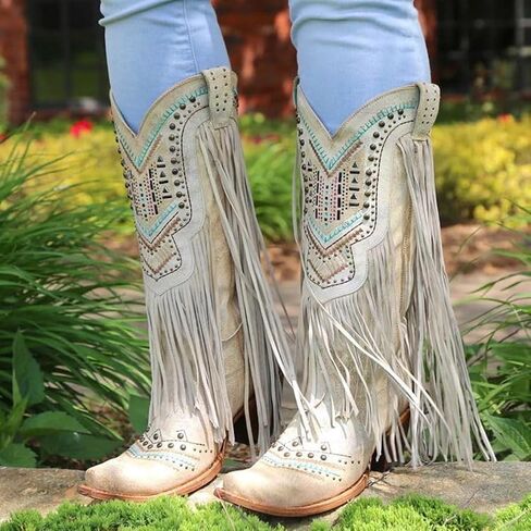 LISHAN Women's Western Cowboy Cowgirl Boots Fringe Tassel Block Heels Embroidered Knee High Boots in Saudi Arabia