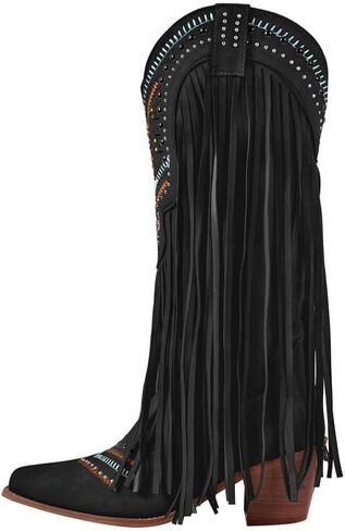 LISHAN Women's Western Cowboy Cowgirl Boots Fringe Tassel Block Heels Embroidered Knee High Boots in Saudi Arabia