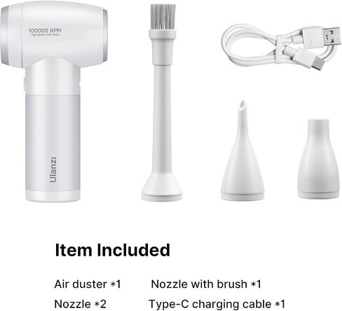ULANZI Electric Air Duster Kit, 2-in-1 Design w 3 Replacable Nozzles, 4 Gear Intelligent Mechanism Dust Blower & Vacuum Cleaner, Professional Lens Cleaning Air Blower (40000~100000r/min, 5V/2A) -White in Saudi Arabia