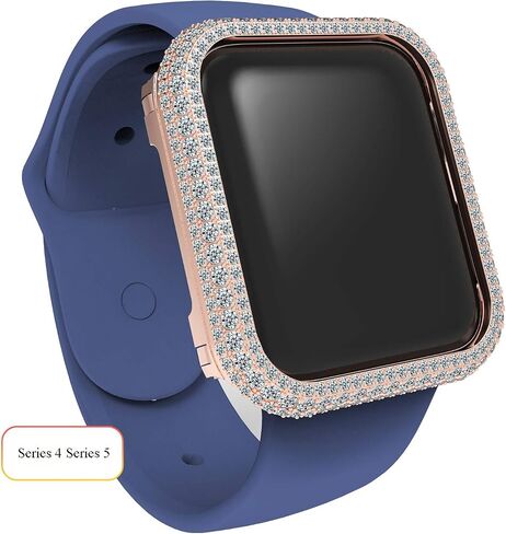 Luxury Full Bling Rhinestone Crystal Diamond Handwork Inlaid Metal Alloy Bezel Frame Case Cover Compatible Apple Watch Series 4 5 6 SE Gift for Men Women (Silver, 44mm) in Saudi Arabia