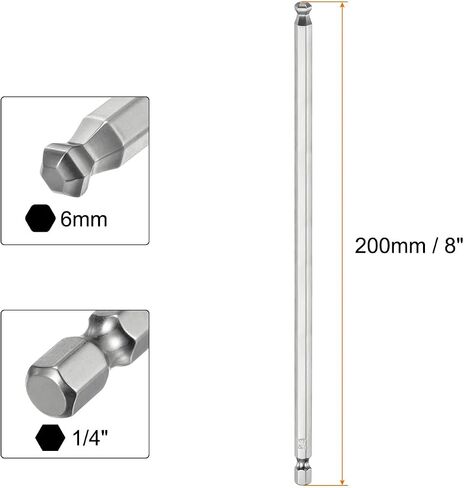 Ball End Hex Screwdriver Bit Set 6mm (H6.0) Size 1/4" Hex Shank 200mm (8") Long Magnetic Ball Head Bits S2 Steel Metric Screw Driver Bit in Saudi Arabia