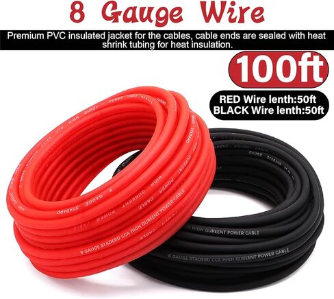 100 قدم 8 سلك قياس من النحاس المغطى بالألومنيوم CAA سلك السيارات الأساسي، كابل بطارية 8AWG، مكبر صوت ستيريو للسيارة، كابل طاقة وأرضي لمضخم السيارة، كابل لحام أسلاك مقطورة RV (أسود + أحمر) in Kuwait