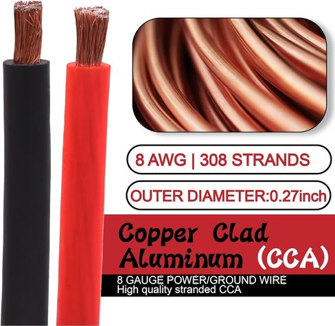 100 قدم 8 سلك قياس من النحاس المغطى بالألومنيوم CAA سلك السيارات الأساسي، كابل بطارية 8AWG، مكبر صوت ستيريو للسيارة، كابل طاقة وأرضي لمضخم السيارة، كابل لحام أسلاك مقطورة RV (أسود + أحمر) in Kuwait