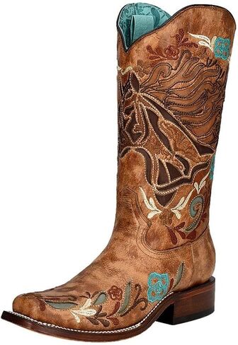 Corral Boots Womens Floral Inlay Embroidered Square Toe Casual Boots Mid Calf Low Heel 1-2" - Brown in Saudi Arabia