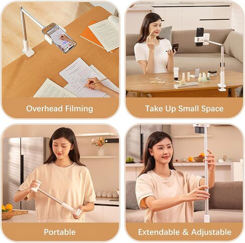 Phone Stand for Recording Overhead - Phone Holder for Desk 360° Rotation, Overhead Phone Mount Remote Control Foldable 5 Brightness 3 Color Rechargeable for Tiktok Youtube Filming Live Streaming in Saudi Arabia