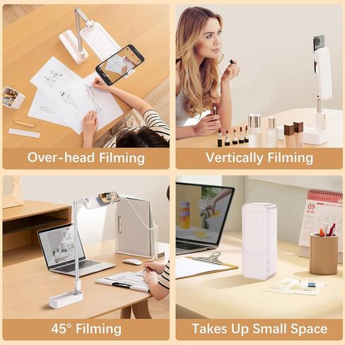 Phone Stand for Recording Overhead - Phone Holder for Desk 360° Rotation, Overhead Phone Mount Remote Control Foldable 5 Brightness 3 Color Rechargeable for Tiktok Youtube Filming Live Streaming in Saudi Arabia