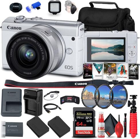 Canon EOS M200 Mirrorless Camera with 15-45mm Lens (White) (3700C009) + 64GB Memory Card + Filter Kit + 2 x LPE12 Battery + Charger + Card Reader + LED Light + Corel Photo Software + More (Renewed) in Saudi Arabia