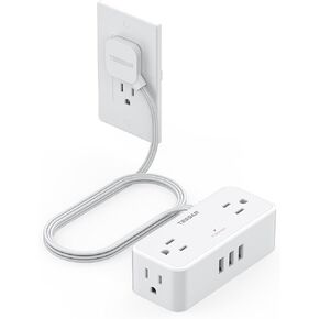 Surge Protector Power Strip, TESSAN White Extension Cord 5 FT with 4 Mutiple Outlets 3 USB Ports, Flat Plug with Surge Protection, 3-Sided Charging Station for Home Office Dorm Room Essentials