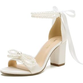 High Block Heel Wedding Sandals Pearl Heels with bow Open Toe Wedding Shoes for Bride