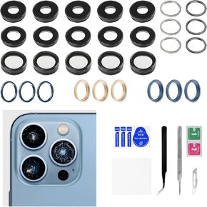 5 Sets for iPhone 13 Pro Max Back Camera Lens Replacement Metal Frame Silver Gold Alpine Green Graphite Sierra Blue Color HD Tempered Rear Camera Lens Cover with Fix Toolkit Tweezers
