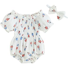 Omkzanbi 4th of July Baby Girl Outfit Smocked Bubble Romper Ruffle Frilly Bodysuit Headband Independence Day One Piece Outfit